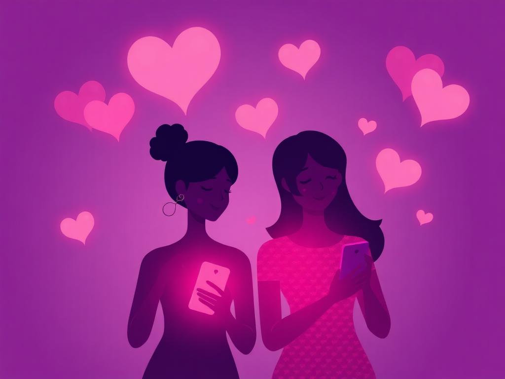 Two silhouettes chatting with floating hearts