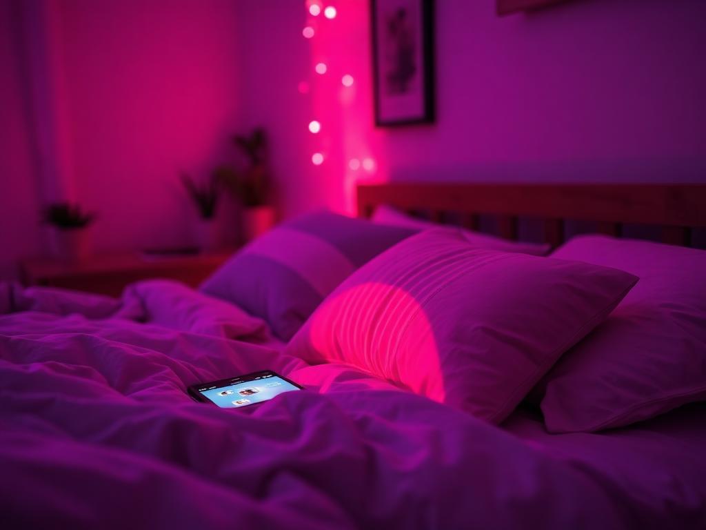 Phone glowing on a pillow in a cozy bedroom
